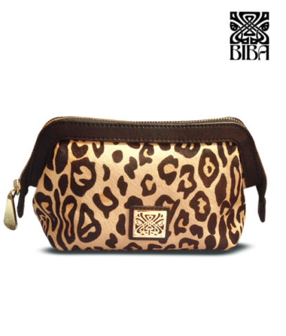 BIBA Large Leopard Print Leather Cosmetic Bag