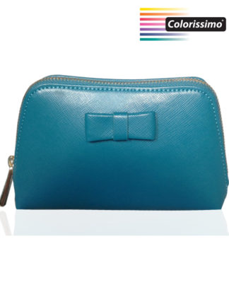 Elegant occasions require equally elegant accessories. This dainty Teal Blue Stefano leather bow cosmetic clutch makes a great evening or occasion accessory for carrying small essentials. It’s the perfect solution when you want to travel light yet still need those important items with you. The structured cosmetic bag is crafted from genuine Stefano leather in an exquisite shade of teal blue-green. The elegant leather clutch has an eye-catching matching bow to the front, adding that extra dainty feminine touch. The Teal evening bag fastens with a metal gold zip closure and has a sleek zipper puller to aid opening. Inside the bag is lined in teal polyester fabric keeping the harmony of the design. This is an elegant little bow evening cosmetic clutch designed by Colorissimo which will enhance your wardrobe for years to come. BRAND: Colorissimo- Lilly collection TEAL BLUE STEFANO LEATHER BOW COSMETIC CLUTCH DETAILS: